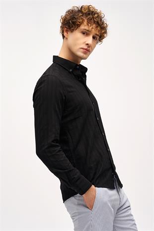 Siyah Dynamic Fit  Düğmeli Yaka Çizgili Uzun Kollu Cepsiz %100 Pamuk Gömlek