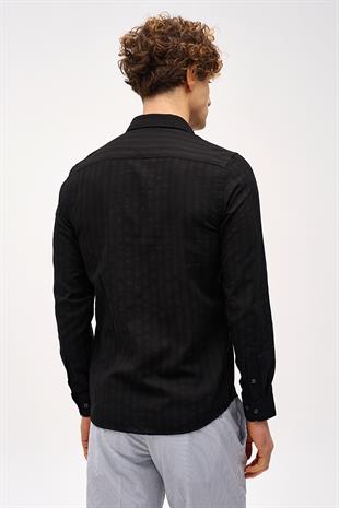 Siyah Dynamic Fit  Düğmeli Yaka Çizgili Uzun Kollu Cepsiz %100 Pamuk Gömlek