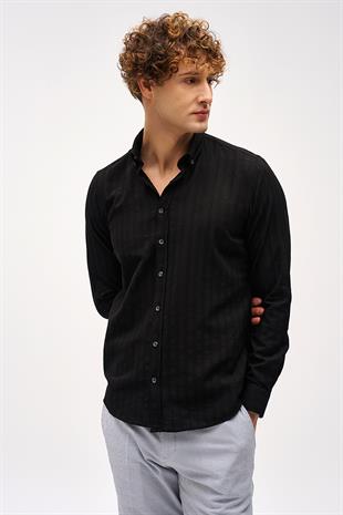Siyah Dynamic Fit  Düğmeli Yaka Çizgili Uzun Kollu Cepsiz %100 Pamuk Gömlek