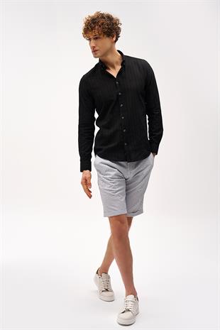 Siyah Dynamic Fit  Düğmeli Yaka Çizgili Uzun Kollu Cepsiz %100 Pamuk Gömlek
