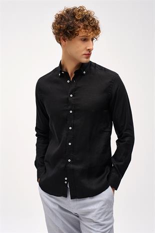 Siyah Dynamic Fit Düğmeli Yaka Düz Uzun Kollu Cepsiz %100 Keten Gömlek
