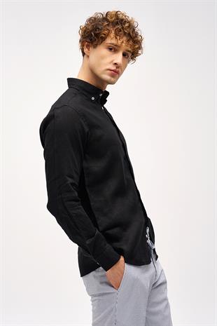 Siyah Dynamic Fit Düğmeli Yaka Düz Uzun Kollu Cepsiz %100 Keten Gömlek