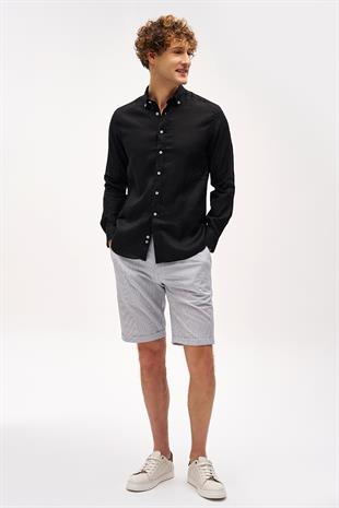 Siyah Dynamic Fit Düğmeli Yaka Düz Uzun Kollu Cepsiz %100 Keten Gömlek