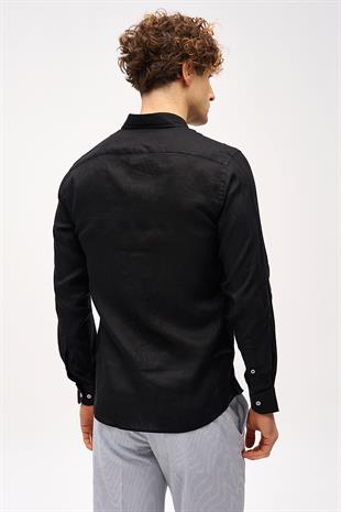 Siyah Dynamic Fit Düğmeli Yaka Düz Uzun Kollu Cepsiz %100 Keten Gömlek