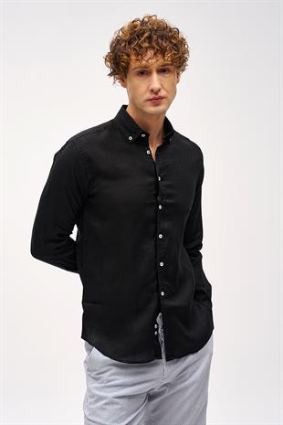 Siyah Dynamic Fit Düğmeli Yaka Düz Uzun Kollu Cepsiz %100 Keten Gömlek