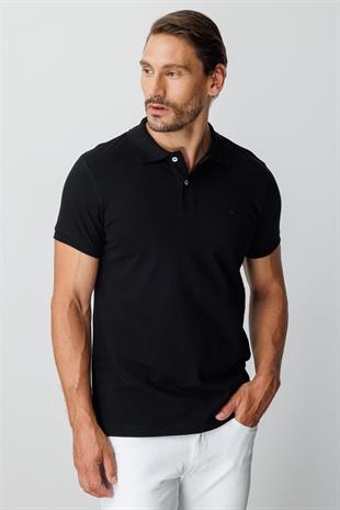 Siyah Modern Fit Dar Kalıp Polo Yaka Düz Kısa Kollu  %100 Pamuk Tişört