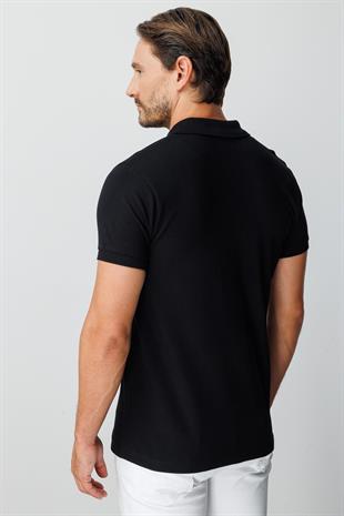 Siyah Modern Fit Dar Kalıp Polo Yaka Düz Kısa Kollu  %100 Pamuk Tişört