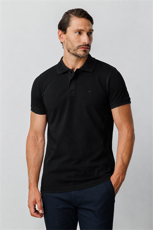 Siyah Modern Fit Dar Kalıp Polo Yaka Düz Kısa Kollu %100 Pamuk Tişört