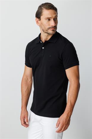 Siyah Modern Fit Dar Kalıp Polo Yaka Düz Kısa Kollu  %100 Pamuk Tişört