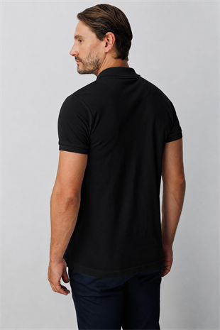 Siyah Modern Fit Dar Kalıp Polo Yaka Düz Kısa Kollu %100 Pamuk Tişört