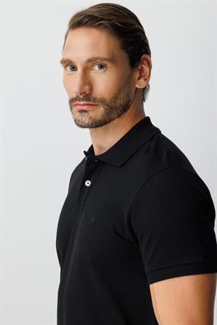 Siyah Modern Fit Dar Kalıp Polo Yaka Düz Kısa Kollu  %100 Pamuk Tişört