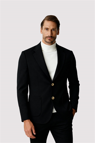 Siyah Mono Yaka Slim Fit Dar Kalıp Erkek Ceket
