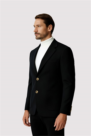Siyah Mono Yaka Slim Fit Dar Kalıp Erkek Ceket