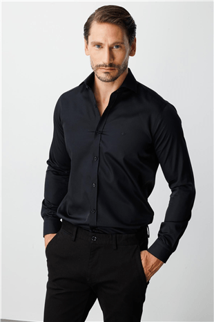 Siyah Regular Fit Geniş Kalıp Klasik Yaka Düz Uzun Kollu Cepsiz %100 Pamuk Non Iron Gömlek