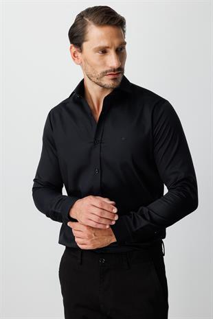 Siyah Regular Fit Geniş Kalıp Klasik Yaka Düz Uzun Kollu Cepsiz %100 Pamuk Non Iron Ütü İstemeyen Gömlek 
