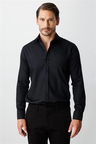 Siyah Regular Fit Geniş Kalıp Klasik Yaka Düz Uzun Kollu Cepsiz %100 Pamuk Non Iron Ütü İstemeyen Gömlek 
