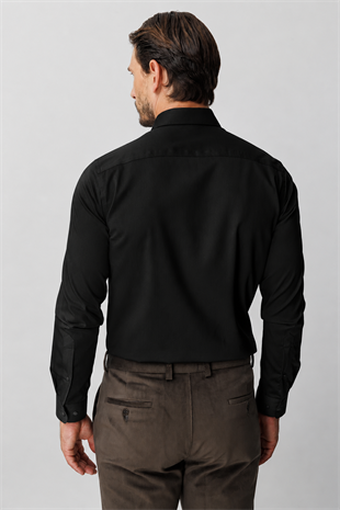 Siyah Regular Fit Geniş Kalıp Klasik Yaka Düz Uzun Kollu Cepsiz %100 Pamuk Non Iron Gömlek 