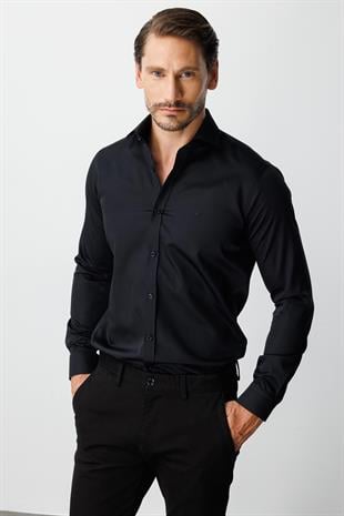 Siyah Regular Fit Geniş Kalıp Klasik Yaka Düz Uzun Kollu Cepsiz %100 Pamuk Non Iron Ütü İstemeyen Gömlek 