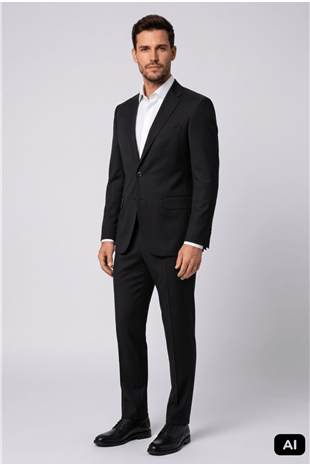 Siyah Regular Fit Geniş Kalıp Mono Yaka Takım Elbise