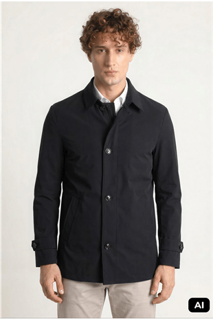 Siyah Regular Fit Gömlek Yaka Polyester Trench