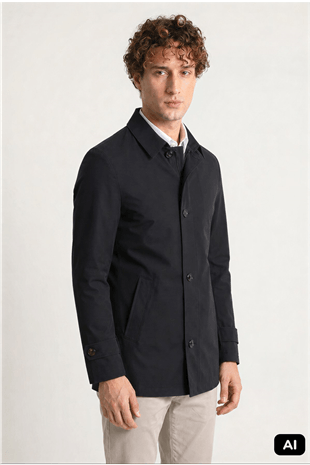 Siyah Regular Fit Gömlek Yaka Polyester Trench