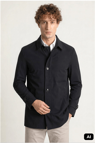 Siyah Regular Fit Gömlek Yaka Polyester Trench