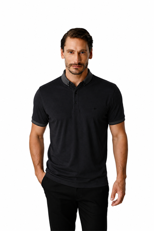 Siyah Slim Fit Dar Kalıp Düğmeli Polo Yaka Düz Kısa Kollu Pamuklu Tişört