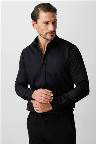 Siyah Slim Fit Dar Kalıp Klasik Yaka Düz Uzun Kollu Cepsiz %100 Pamuk Non Iron Gömlek 