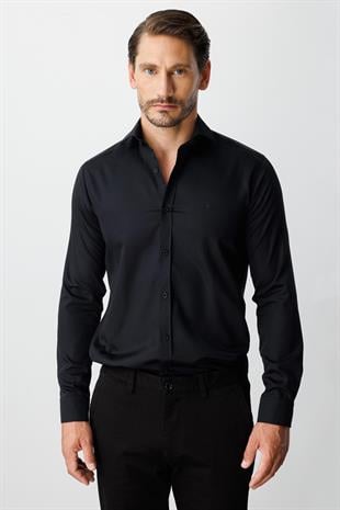 Siyah Slim Fit Dar Kalıp Klasik Yaka Düz Uzun Kollu Cepsiz %100 Pamuk Gömlek