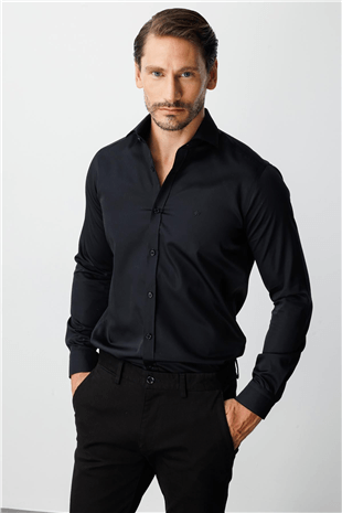 Siyah Slim Fit Dar Kalıp Klasik Yaka Düz Uzun Kollu Cepsiz %100 Pamuk Non Iron Gömlek 