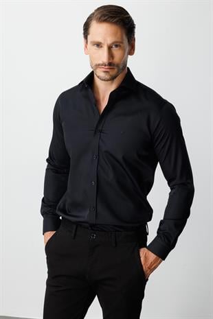 Siyah Slim Fit Dar Kalıp Klasik Yaka Düz Uzun Kollu Cepsiz %100 Pamuk Gömlek