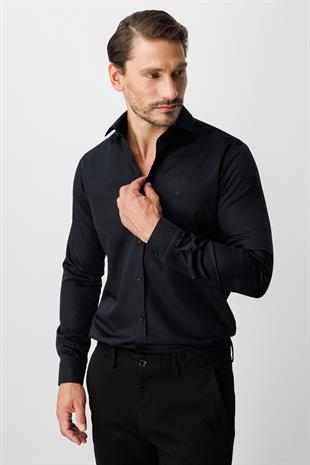 Siyah Slim Fit Dar Kalıp Klasik Yaka Düz Uzun Kollu Cepsiz %100 Pamuk Gömlek