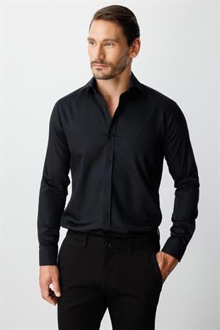 Siyah Slim Fit Dar Kalıp Klasik Yaka Düz Uzun Kollu Cepsiz %100 Pamuk Gömlek