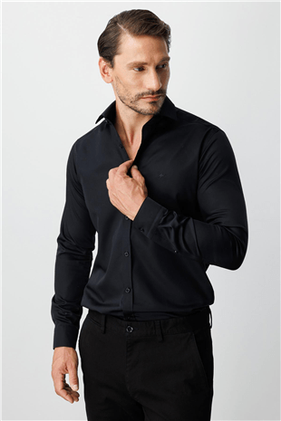 Siyah Slim Fit Dar Kalıp Klasik Yaka Düz Uzun Kollu Cepsiz %100 Pamuk Non Iron Gömlek 