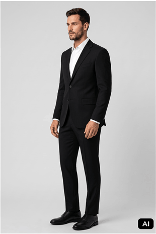 Siyah Slim Fit Dar Kalıp Mono Yaka Takım Elbise