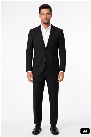 Siyah Slim Fit Dar Kalıp Mono Yaka Takım Elbise