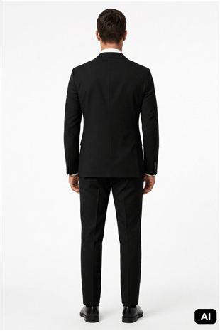 Siyah Slim Fit Dar Kalıp Mono Yaka Takım Elbise