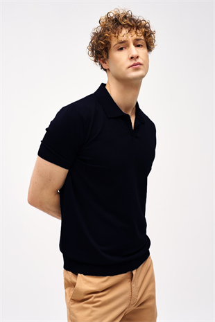 Siyah Slim Fit Dar Kalıp Polo Yaka Düz Kısa Kollu Triko Tişört