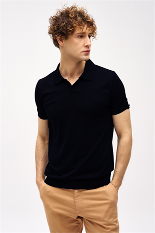 Siyah Slim Fit Dar Kalıp Polo Yaka Düz Kısa Kollu Triko Tişört