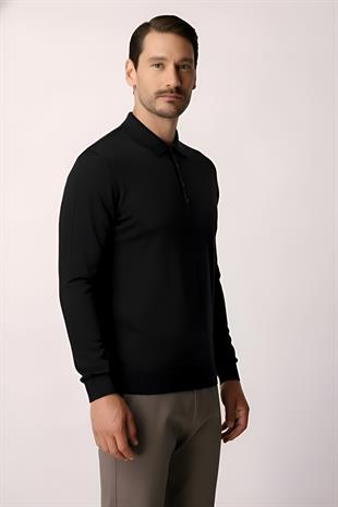 Siyah Standart Fit Dar Kalıp Polo Yaka Düz Uzun Kollu Triko
