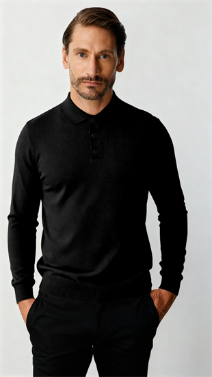 Siyah Standart Fit Dar Kalıp Polo Yaka Düz Uzun Kollu  Rayon Triko