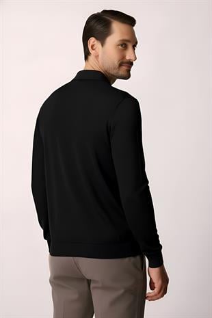 Siyah Standart Fit Dar Kalıp Polo Yaka Düz Uzun Kollu Triko