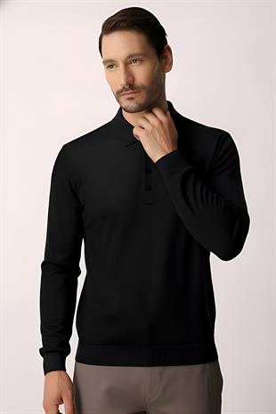 Siyah Standart Fit Dar Kalıp Polo Yaka Düz Uzun Kollu Triko