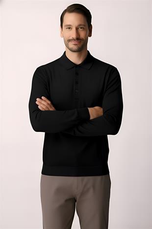 Siyah Standart Fit Dar Kalıp Polo Yaka Düz Uzun Kollu Triko
