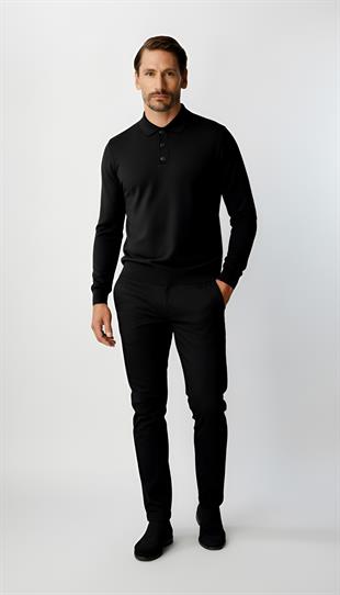 Siyah Standart Fit Dar Kalıp Polo Yaka Düz Uzun Kollu  Rayon Triko