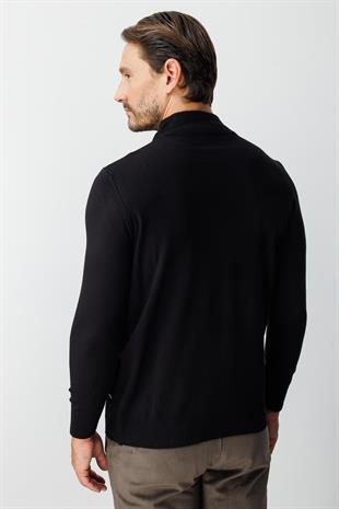 Siyah Standart Fit Dar Kalıp Yarım Balıkçı Düz Uzun Kollu  Triko