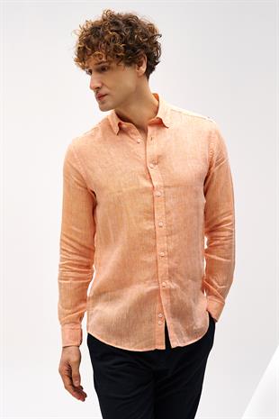 Turuncu Dynamic Fit Düğmeli Yaka Düz Uzun Kollu Cepsiz %100 Keten Gömlek