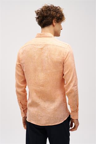 Turuncu Dynamic Fit Düğmeli Yaka Düz Uzun Kollu Cepsiz %100 Keten Gömlek