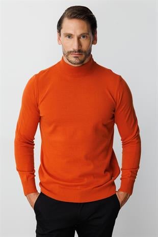 Turuncu Standart Fit Dar Kalıp Yarım Balıkçı Düz Uzun Kollu  Triko