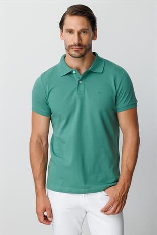 Yeşil Modern Fit Dar Kalıp Polo Yaka Düz Kısa Kollu  %100 Pamuk Tişört